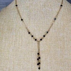VTG Monet Gold Tone & Black Faceted Bead Y Necklace 15.25"L Signed